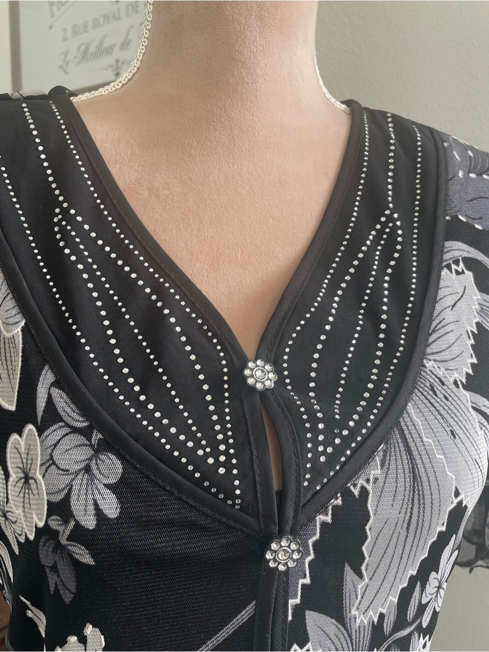 Black Floral V-Neck Blouse with Rhinestone Trim